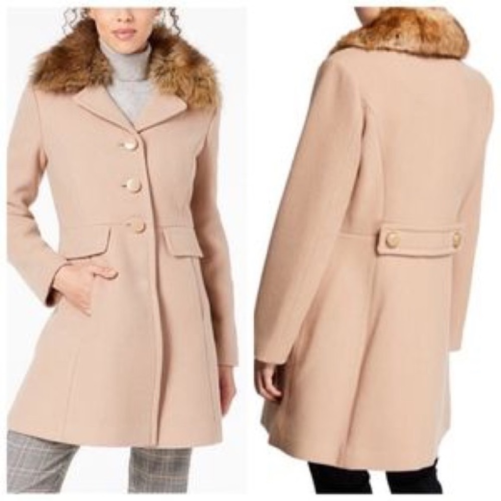 NWT Faux Fur Collar Beige Wool Coat